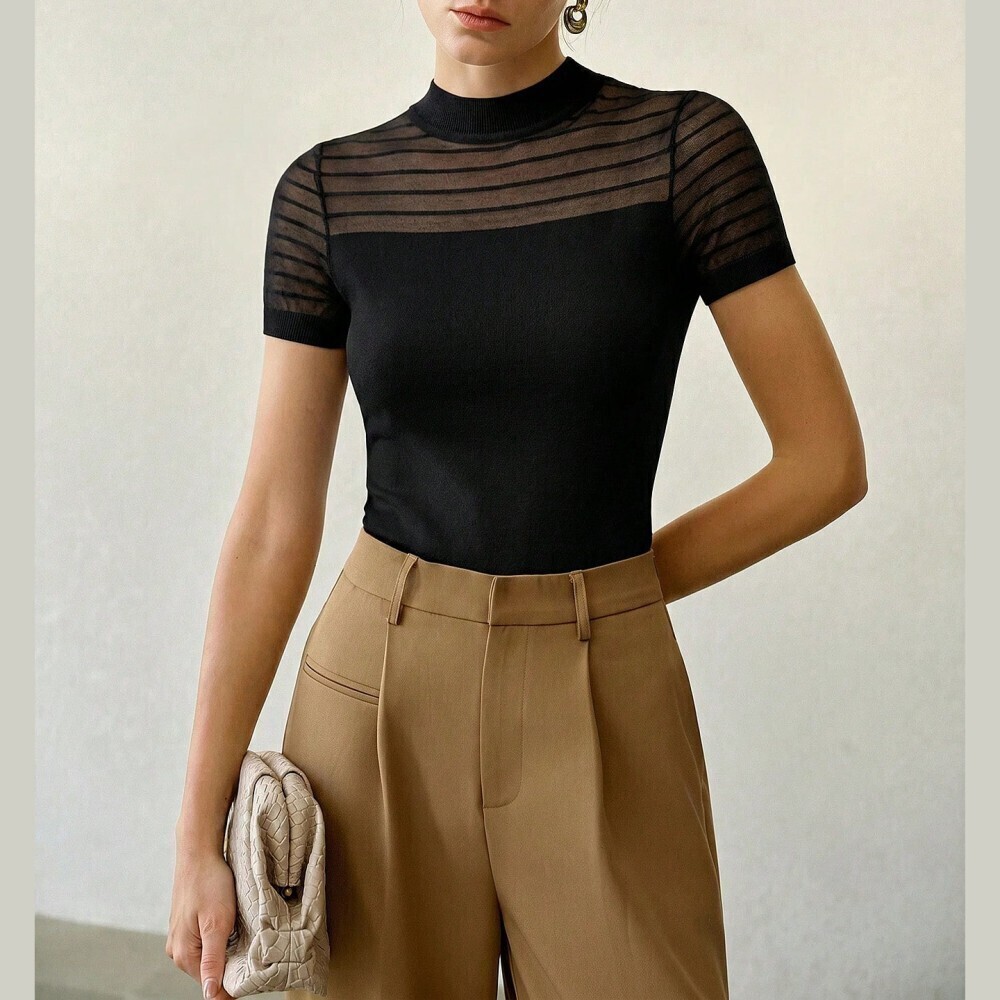 Black Sheer Striped Mesh Yoke Stand Collar Short Sleeve Knit Top
